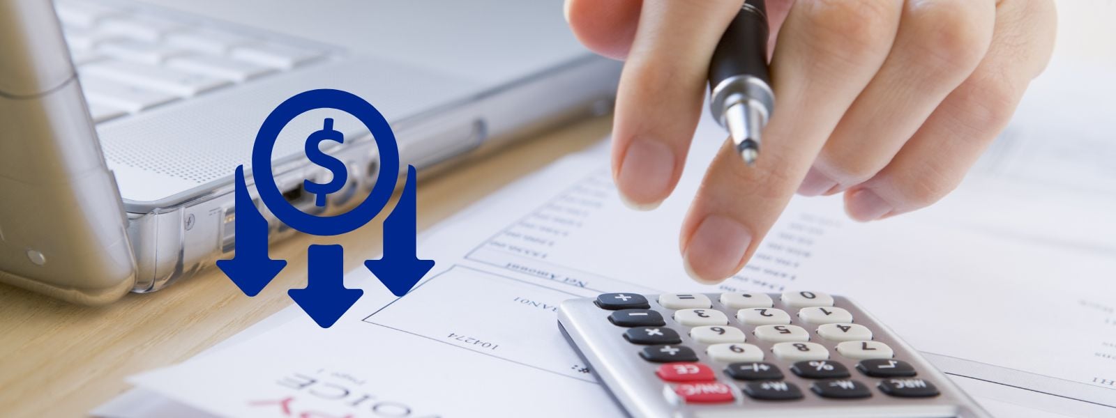 Person using calculator and pen to review invoices on a desk with a laptop, symbolizing cost reduction and lower expenses. calculator and pen