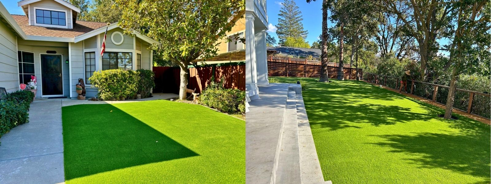 Front yard with artificial grass lawn installation and backyard synthetic turf landscaping under shaded trees. Residential yard featuring lush artificial turf