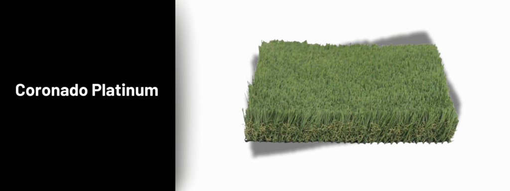 Coronado Platinum with short green blades and brown thatch layer on a black backing. Coronado Platinum artificial turf sample showcasing short green blades