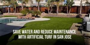 Modern backyard with artificial grass lawn, swimming pool, palm trees, and wooden privacy fence in a landscaped outdoor space.