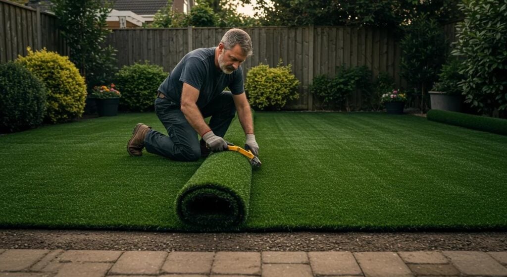 Man installing artificial turf in San Jose, CA.