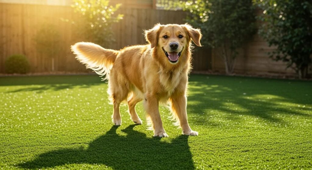 Golden retriever on artificial turf, San Jose, CA.