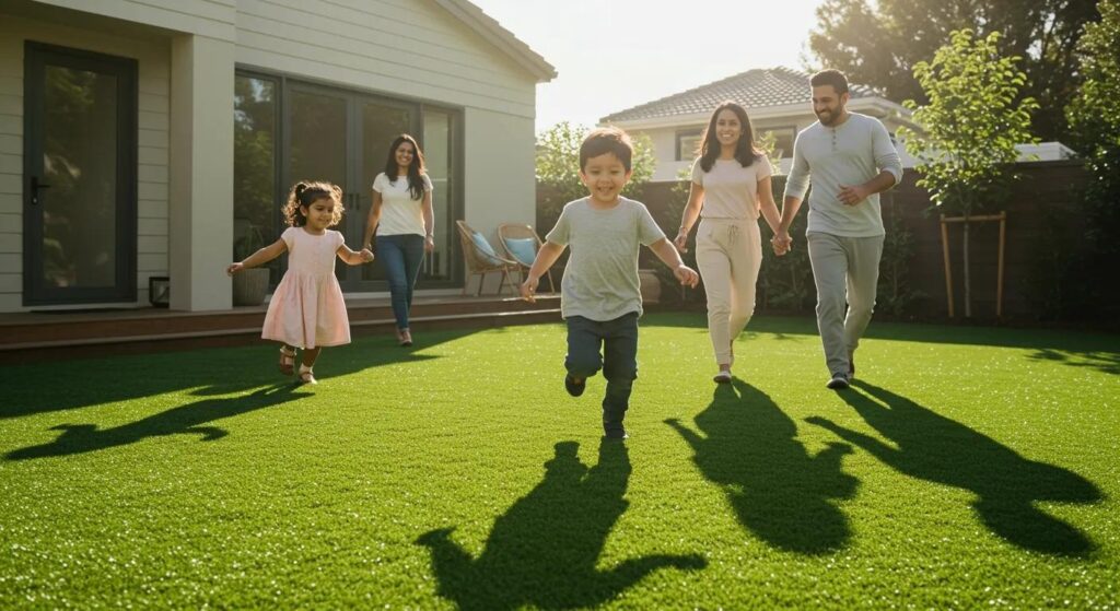 Family enjoying artificial turf in San Jose.