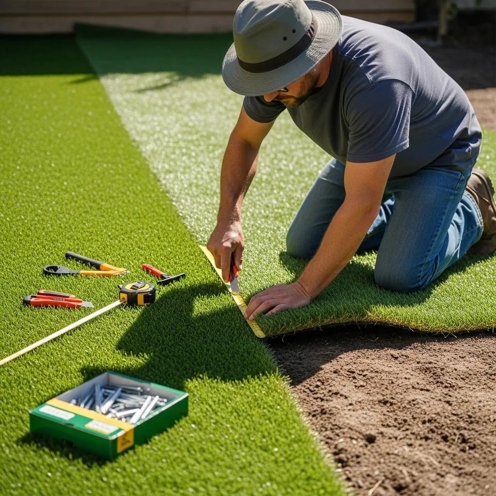 Man installing artificial turf in San Jose, CA.