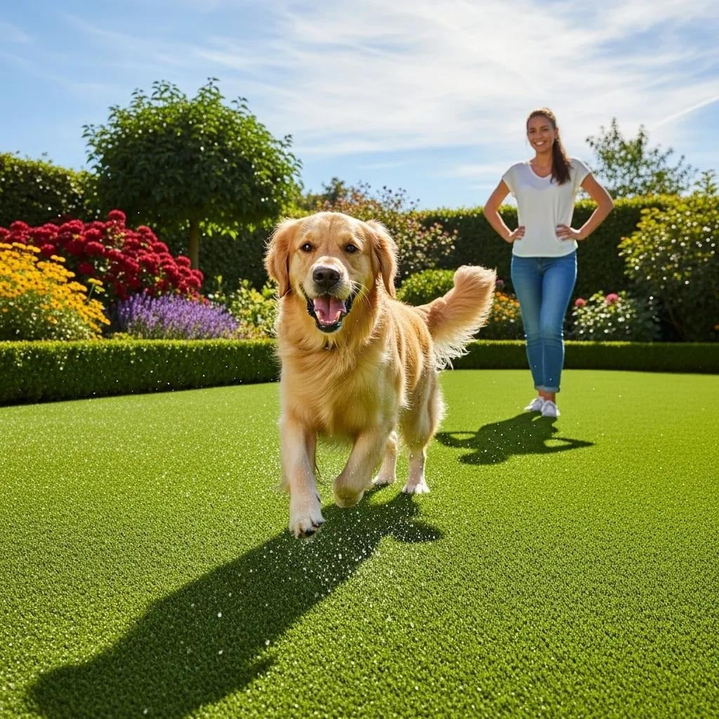 Golden retriever playing, artificial turf, San Jose, CA
