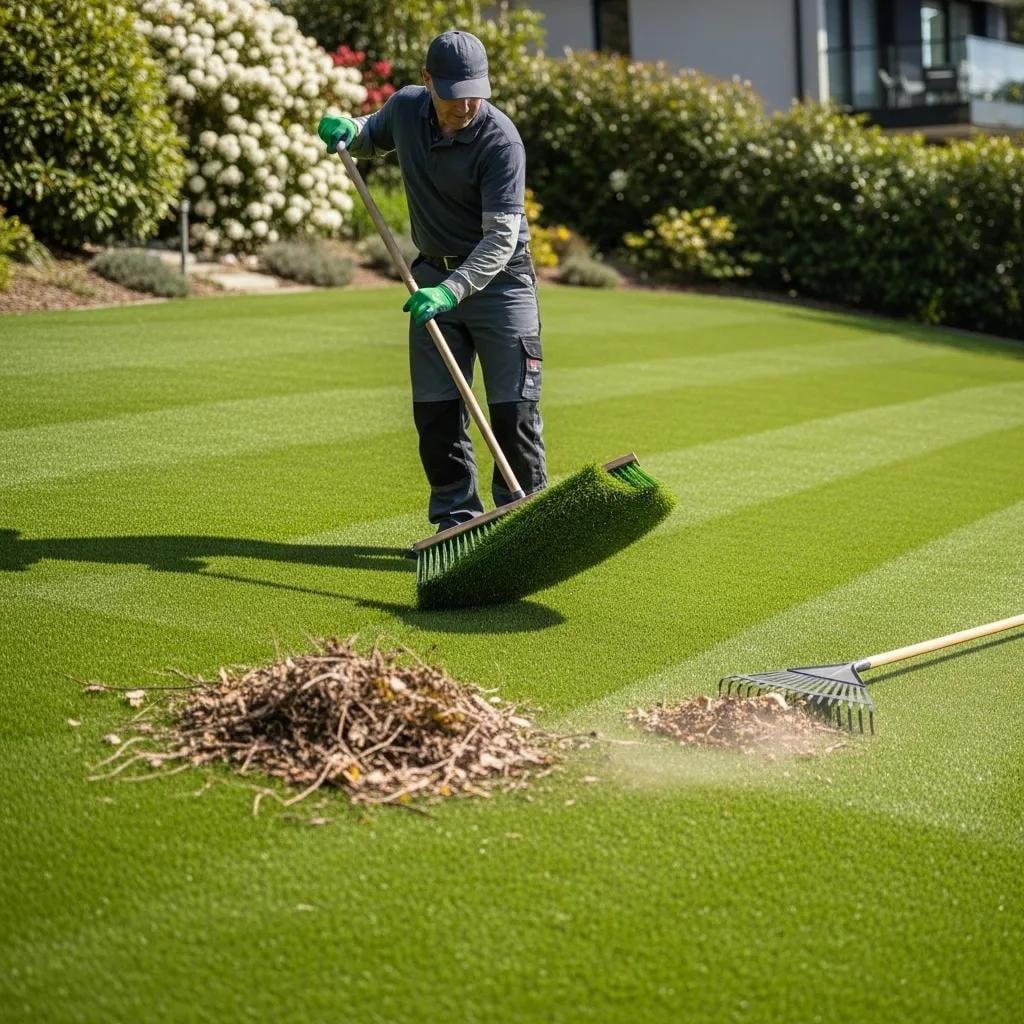Man grooming artificial turf in San Jose, CA.