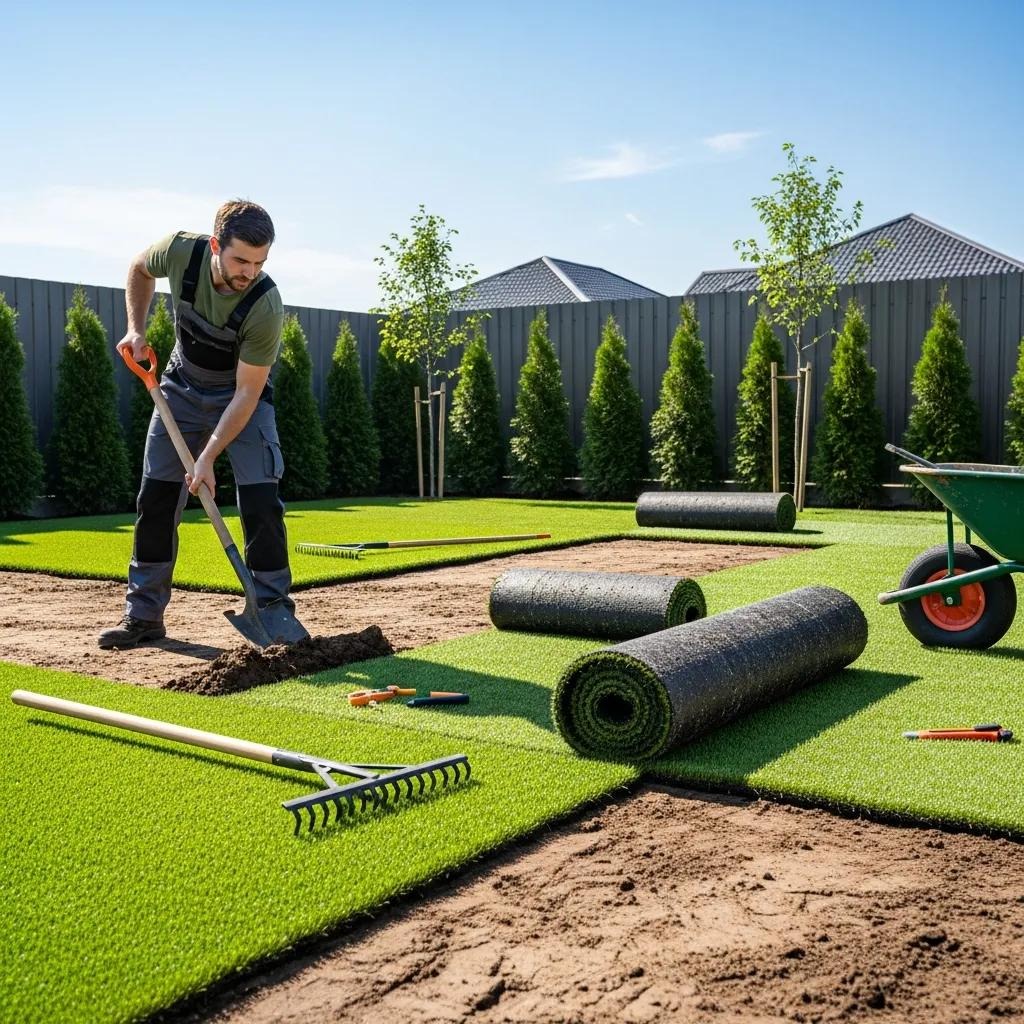 Man installing artificial turf in San Jose, CA.