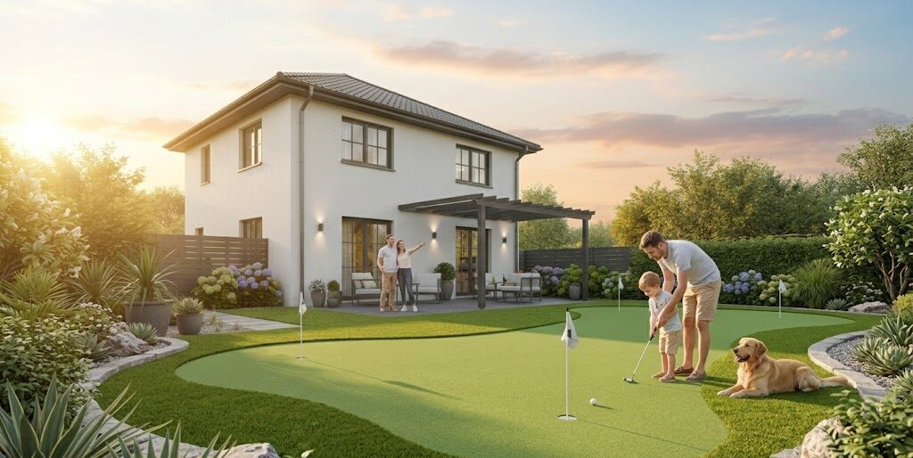 Family enjoying artificial putting green in San Jose, CA.
