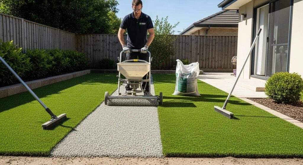 Man applying infill on artificial turf in San Jose, CA.