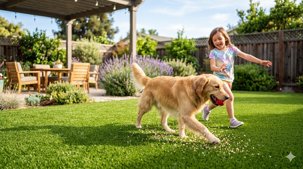 Child playing with dog in San Jose, CA.